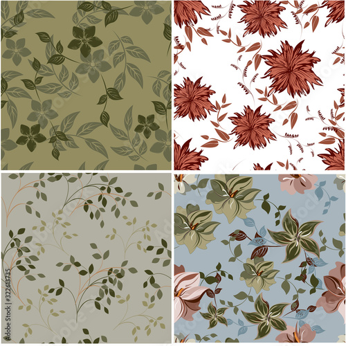 Vector set abstract background flowers seamless pattern