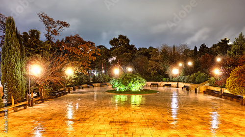 scenic park with in city landscape at night against wet weather background. Street urban view of uptown park at baku city in azerbaijan