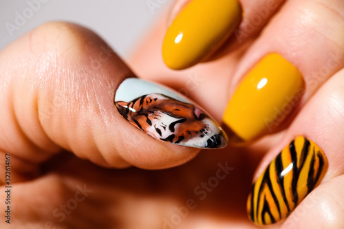 Nails Design. Hands With Bright Yellow Manicure On Background. Close Up Of Female Hands. Art Nail. Tiger manicure