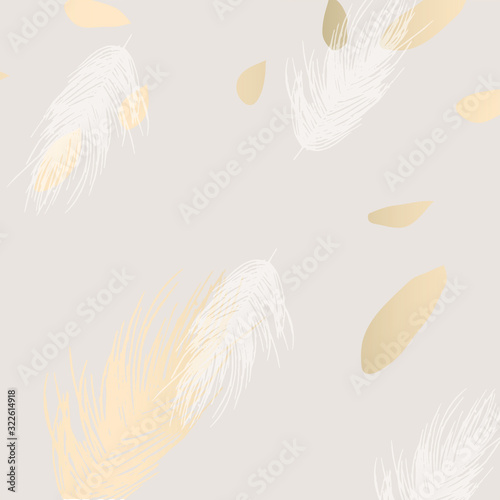  trendy gold textured nude cream background and delicate hand drawn feathers element