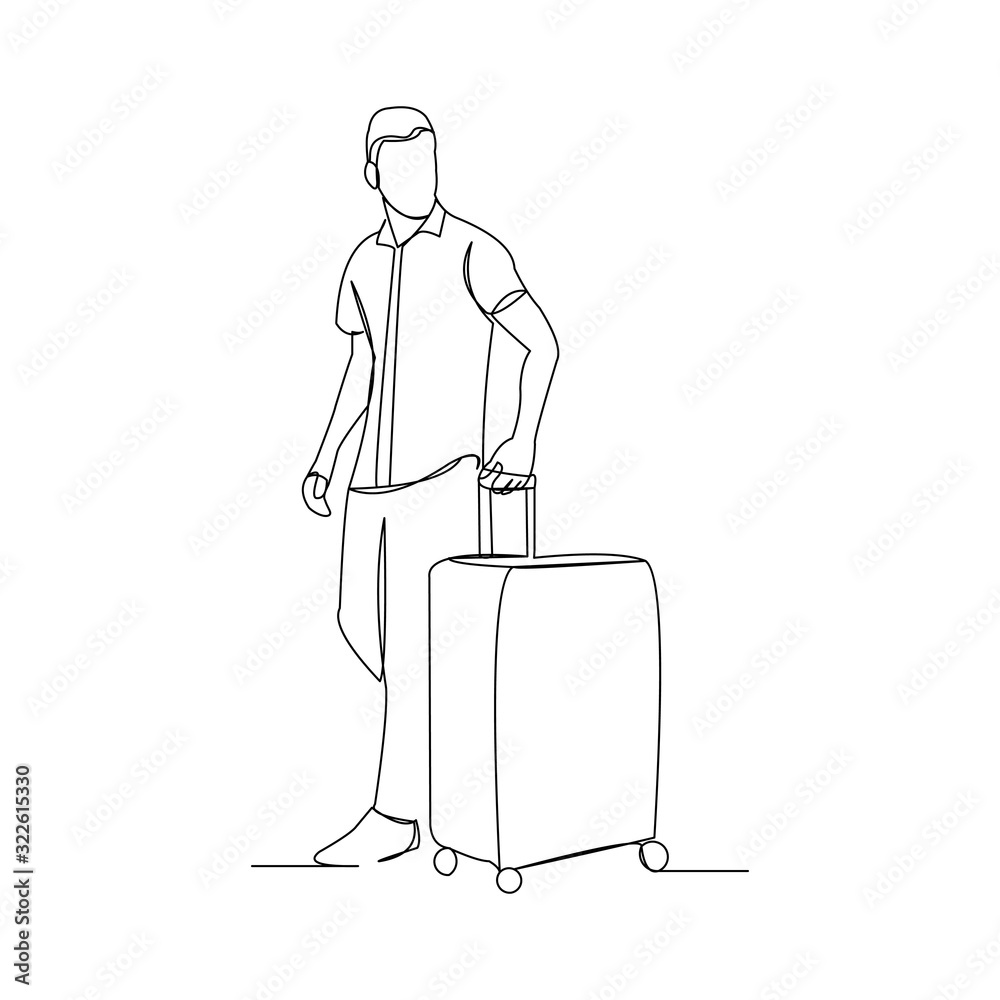 Continuous line drawing of man holding luggage cas. One line art of  tourist traveler walk and hold suitcase. Vector illustration.