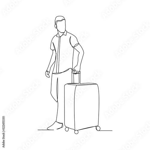 Continuous line drawing of man holding luggage cas. One line art of  tourist traveler walk and hold suitcase. Vector illustration.
