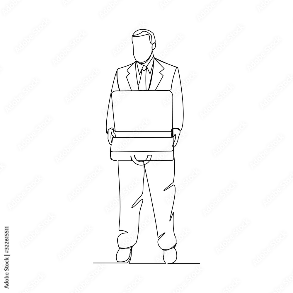 Continuous line drawing of business men open briefcase. One line art of men open laptop. Vector illustration.
