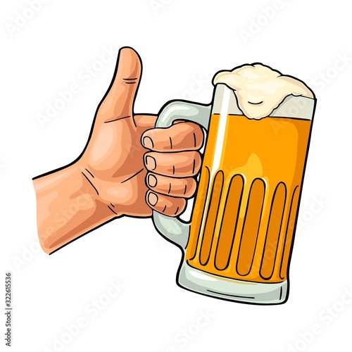 Male hand holding beer glass and showing symbol Like. Vector vintage engraving