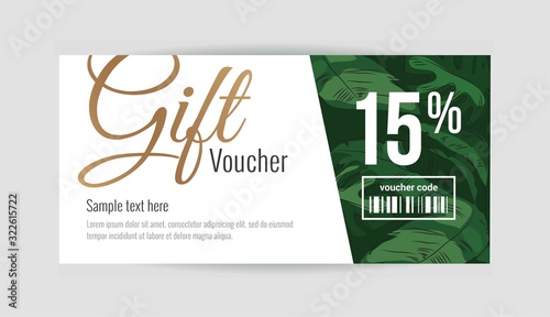 Gift voucher template with tropical plant leaves. Summer, spa, resort concept. Vector illustration