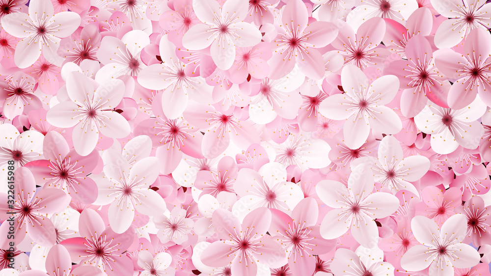 Blossoming pink sakura flowers background. Beautiful print