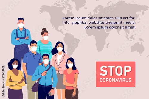 Coronavirus epidemy outbreak concept. People in protective medical face masks. Vector illustration.