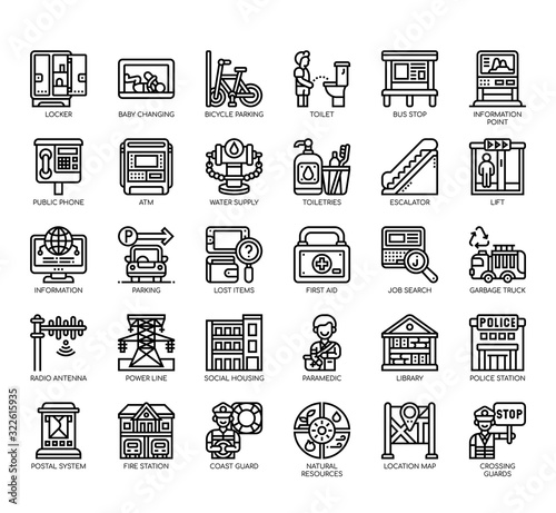 Set of public service thin line and pixel perfect icons for any web and app project.