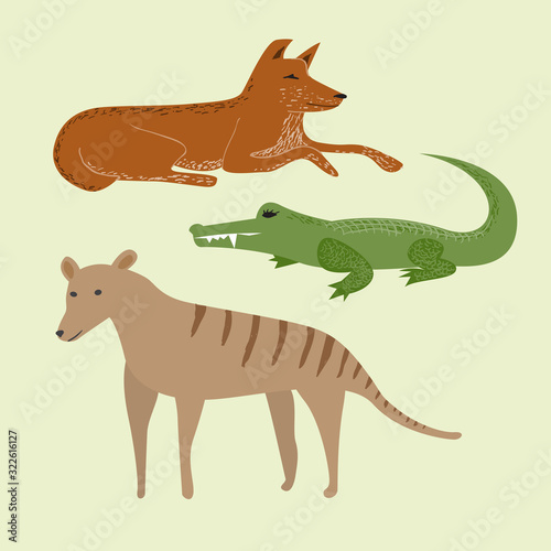 Set of cartoon australian predators. Dingo dog  crocodile and tasmanian wolf vector illustration.