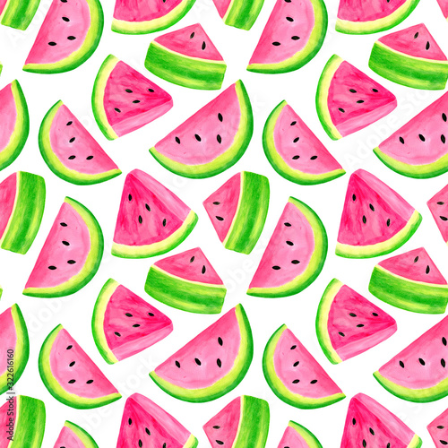 Watercolor juicy watermelon slice seamless pattern. Hand drawn colorful illustration isolated on white background for decoration, packaging, wrapping, cards, design.