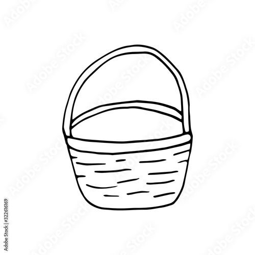Single hand drawn basket for mushrooms and vegetables for autumn decoration or easter design. Doodle vector illustration. Isolated on white background