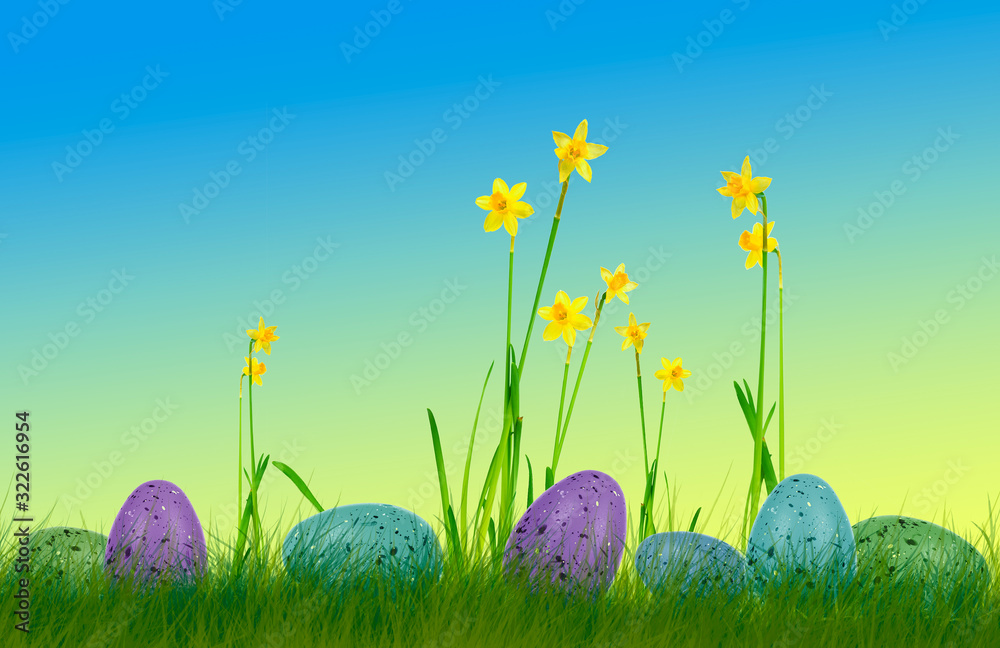 Colorful easter eggs on grass with daffodils and colorful background