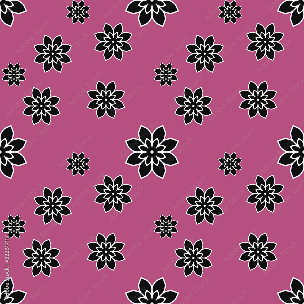 Seamless repeat pattern with black flowers on pink background. drawn fabric, gift wrap, wall art design, wrapping paper, background, fabric print, web page backdrop.