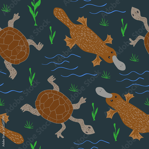 Seamless pattern of cartoon snake-necked turtles and platypus. Australian repeatable textile vector childish design.