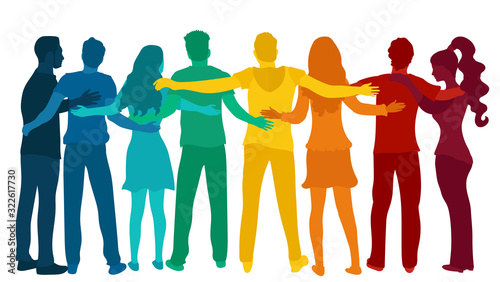 Group silhouette diverse people embracing.Back view.Cooperation and help between multi-ethnic people.Care and assistance.Concept of solidarity friendship and charity.Community.Teamwork photo