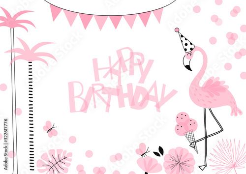 Happy Birthday card design with Candy Pink Flamingo in cone hat with ice-cream, palm, flower, butterfly, confetti. Exotic bird simple linear transparent overlapping shapes vector clip-art.