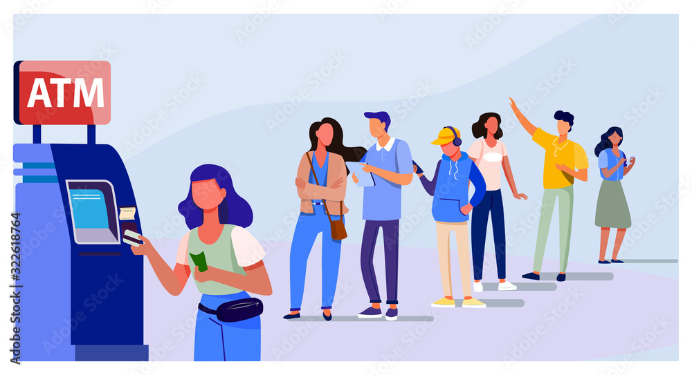 Queue of people standing for using ATM. Bank customer inserting credit card to slot for transaction. Vector illustration for business, banking, finance concept