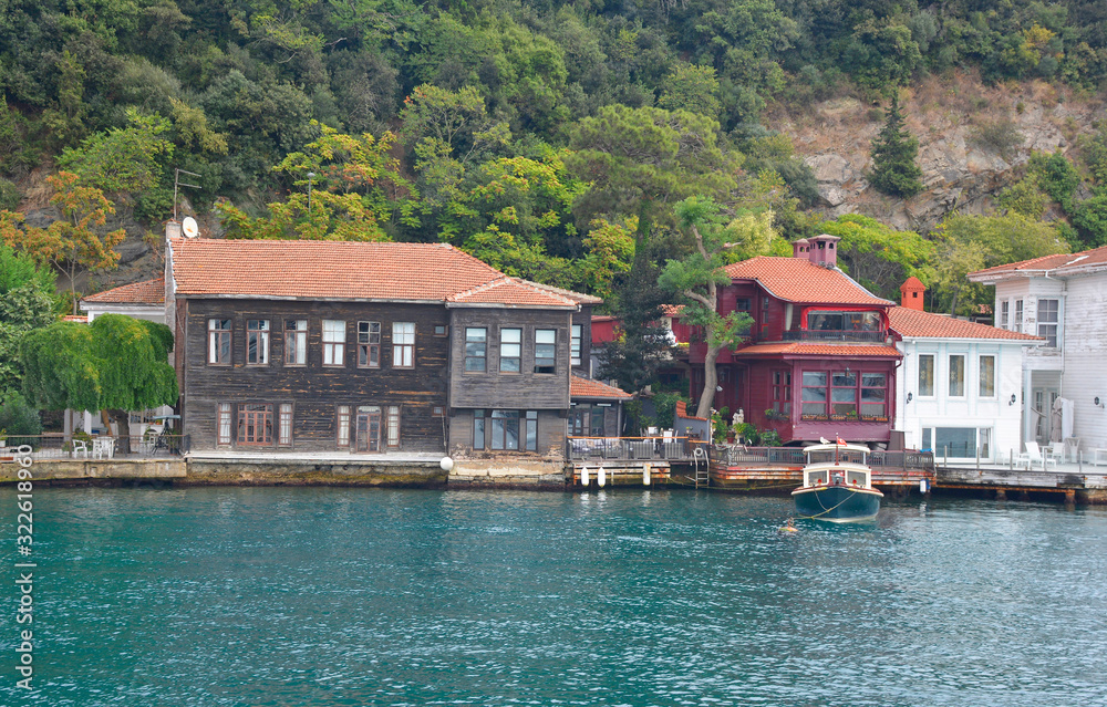 Fototapeta premium The waterfront of a residential part of the Beykoz district on the Asian shore of Istanbul, Turkey. Just north of Fatih Sultan Mehmet bridge