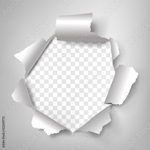 Vector illustration of realistic white torn paper with rolled upsides and round-shaped hole isolated on transparent background. Good for sale ad banners, web sites, flyers
