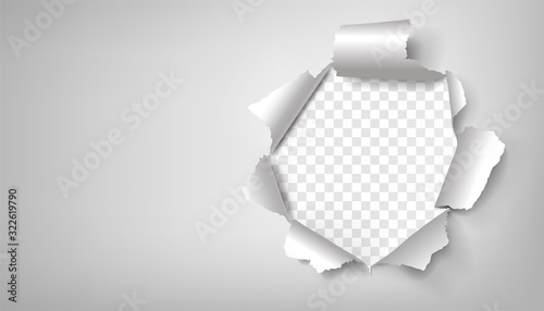 Vector illustration of realistic white torn paper with rolled upsides and round-shaped hole isolated on transparent background. Good for sale ad banners, web sites, flyers