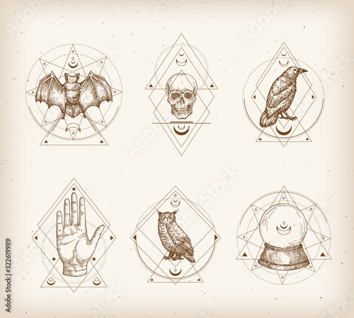 Vintage Style Occultism Logos or Astrology Label Templates Set. Hand Drawn Bat, Skull, Raven, Owl and Palm Hand Sketches with Retro Typography. Shabby Texture Background.
