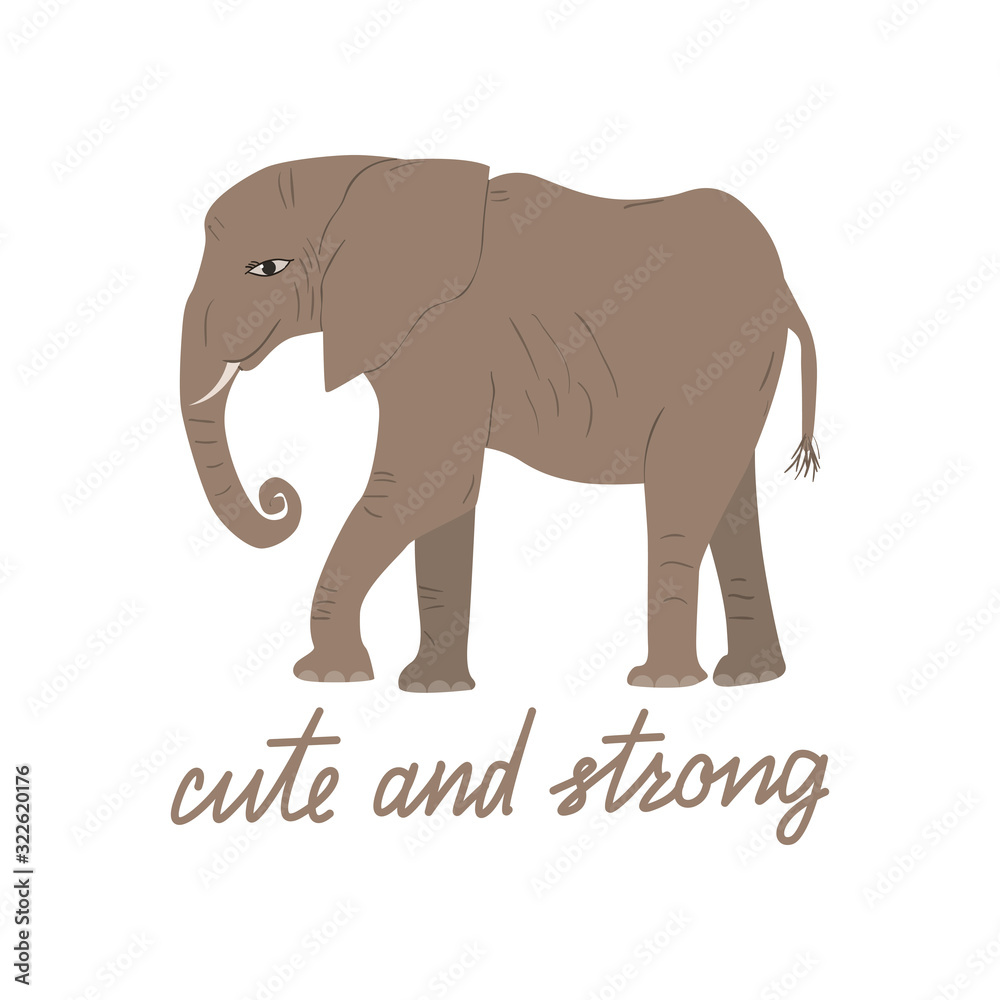 Obraz premium Cartoon elephant with text cute and strong. Childish tee shirt design.