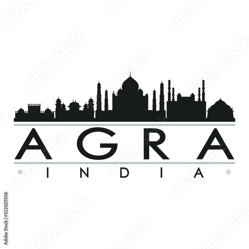 Agra India Skyline. Taj Mahal  Silhouette Design City Vector Art Famous Buildings.