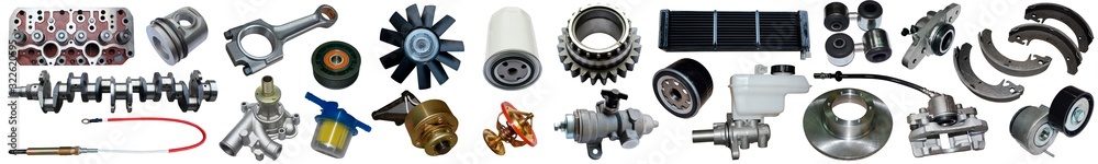 Auto spare parts car on the white background. Set with many isolated items for shop or aftermarket Auto spare parts car on the white background. Set with many isolated items for shop or aftermarket