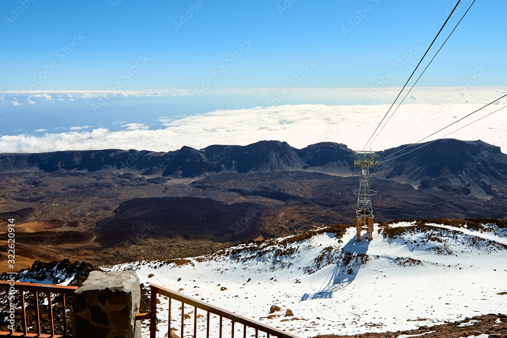 Volcano teide in tenerife national park panoramic landscape. Amazing aerial view of the snow covered mountains