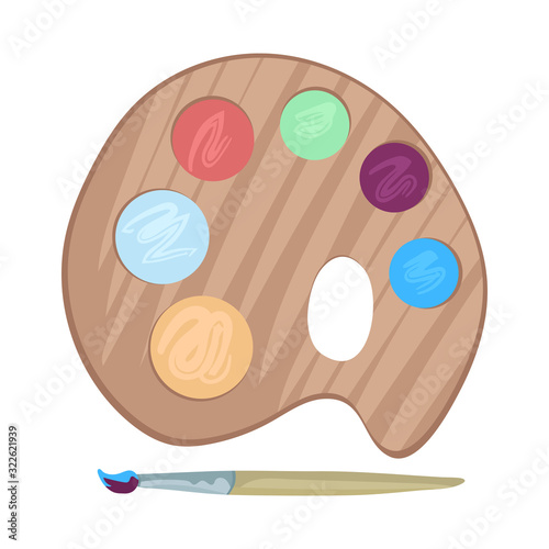 Cartoon painting palette with brush. Vector illustration