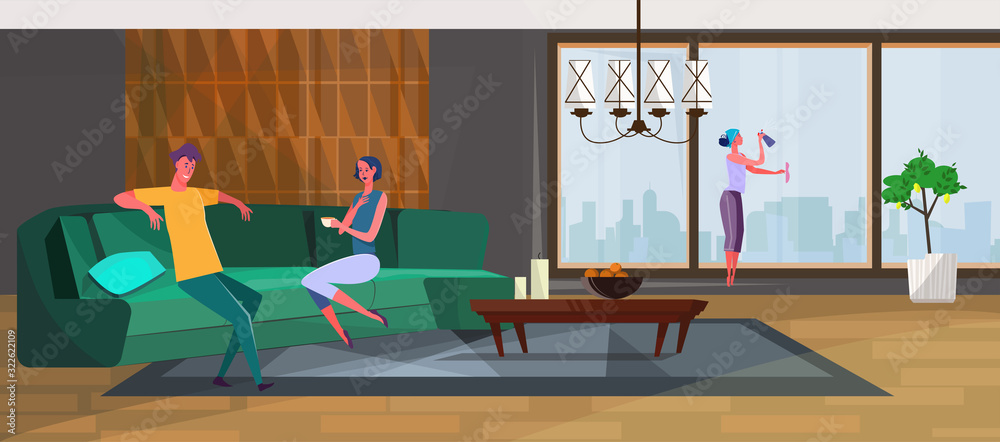 Couple talking on couch at home. Cleaner woman, living room, city apartment flat vector illustration. Service, urban lifestyle concept for banner, website design or landing web page