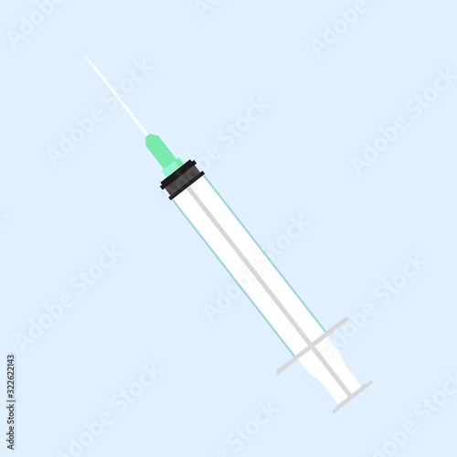 Medical injection syringe in flat style isolated on blue color. Vector stock illustration. Needle icon, medical icon isolated, medicine vaccine