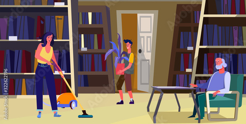Family cleaning up home library. Book shelves, vacuum cleaner, moving houseplants flat vector illustration. Home, household, domestic concept for banner, website design or landing web page