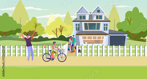 Suburban people spending weekend with family. Country house, parents, kids, riding bike flat vector illustration. Country life, real estate concept for banner, website design or landing web page