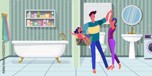 Parents and little daughter having fun at home. Couple dancing in bathroom, holding kid flat vector illustration. Parenthood, childhood concept for banner, website design or landing web page