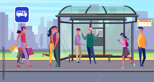 People waiting bus on bus stop. Passenger, commuter, roadside flat vector illustration. Transportation, town, traffic concept for banner, website design or landing web page