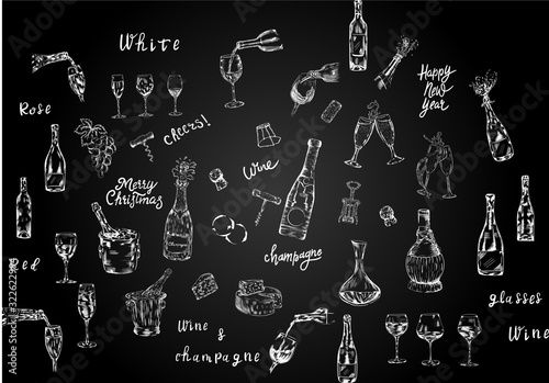 Wine, champagne, cheese, chalk drink vector isolated set on black background. Concept for menu, cards, invitation ,banner