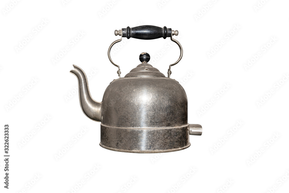 Old electric steel kettle, connected to a cable, isolated on a white background with a clipping path. Old electric steel kettle, connected to a cable, isolated on a white background with a clipping path.