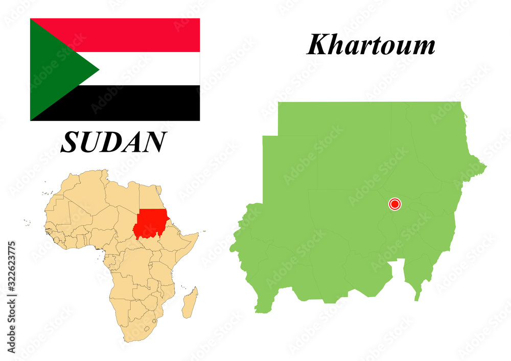 Fototapeta premium Republic of Sudan. The Capital Is Khartoum. Flag of Sudan. Map of the continent of Africa with country borders. Vector graphics.