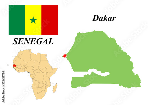 Republic of Senegal. The Capital Is Dakar. Flag of Senegal. Map of the continent of Africa with country borders. Vector graphics.