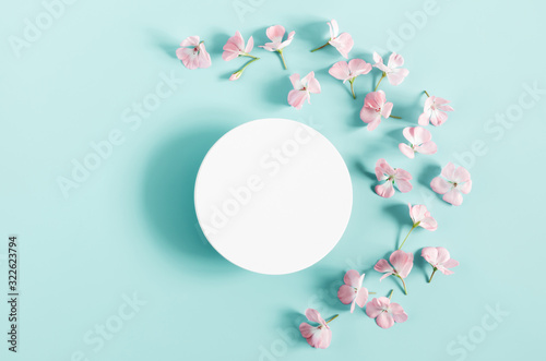 Spring flowers composition. Wreath made of light pink flowers on pastel blue background. Wedding. Valentines Day. Mother's day. March 8. Flat lay, top view, copy space