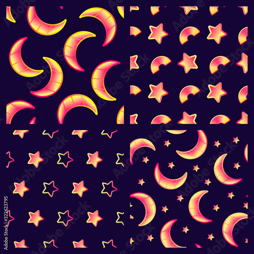 Naklejka Set of 4 cosmic seamless patterns with crescent moons, stars, rainbows. Cute outer space digital vector wallpapers. 