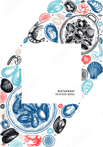 Vector seafood flyer design. Hand drawn fish, shellfish, shrimps, mollusks sketches with herbs, spices,  lemon. Fish market products, marine cuisine restaurant menu design. Cooked shellfish top view.