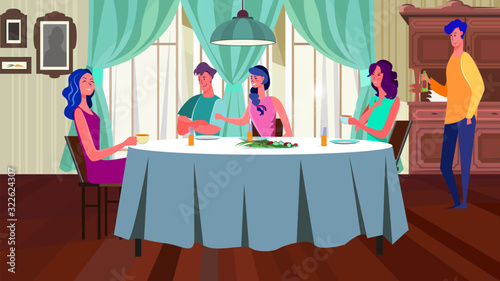 Friends having dinner together at home. Dining room, chatting, salad flat vector illustration. Friendship, social communication concept for banner, website design or landing web page