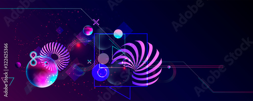 Dark retro futuristic art neon abstraction background cosmos galaxy and planets