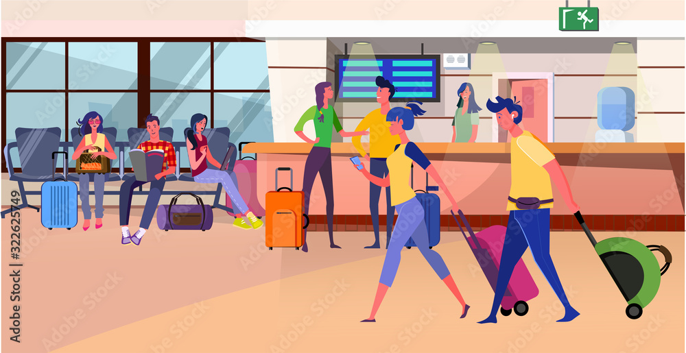 Fototapeta premium Passengers waiting boarding at check in desk. Tourists with luggage walking, sitting in airport flat vector illustration. Travel by plane, flight concept for banner, website design or landing web page
