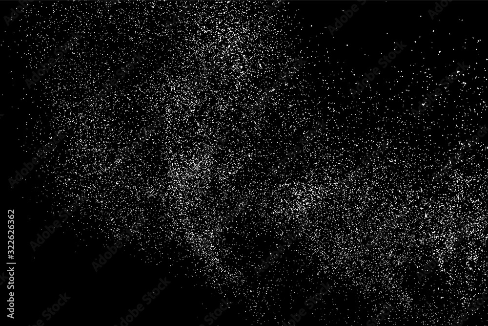 Obraz premium White Grainy Texture Isolated On Black Background. Dust Overlay. Light Coloured Noise Granules. Snow Vector Elements. Digitally Generated Image. Illustration, Eps 10.