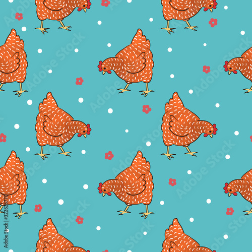 Red hens pattern. Seamless speckled chicken vector illustration.	