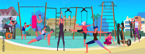 Group of people exercising outside. Sport ground, outdoor workout gym, equipment flat vector illustration. Fitness, body training concept for banner, website design or landing web page