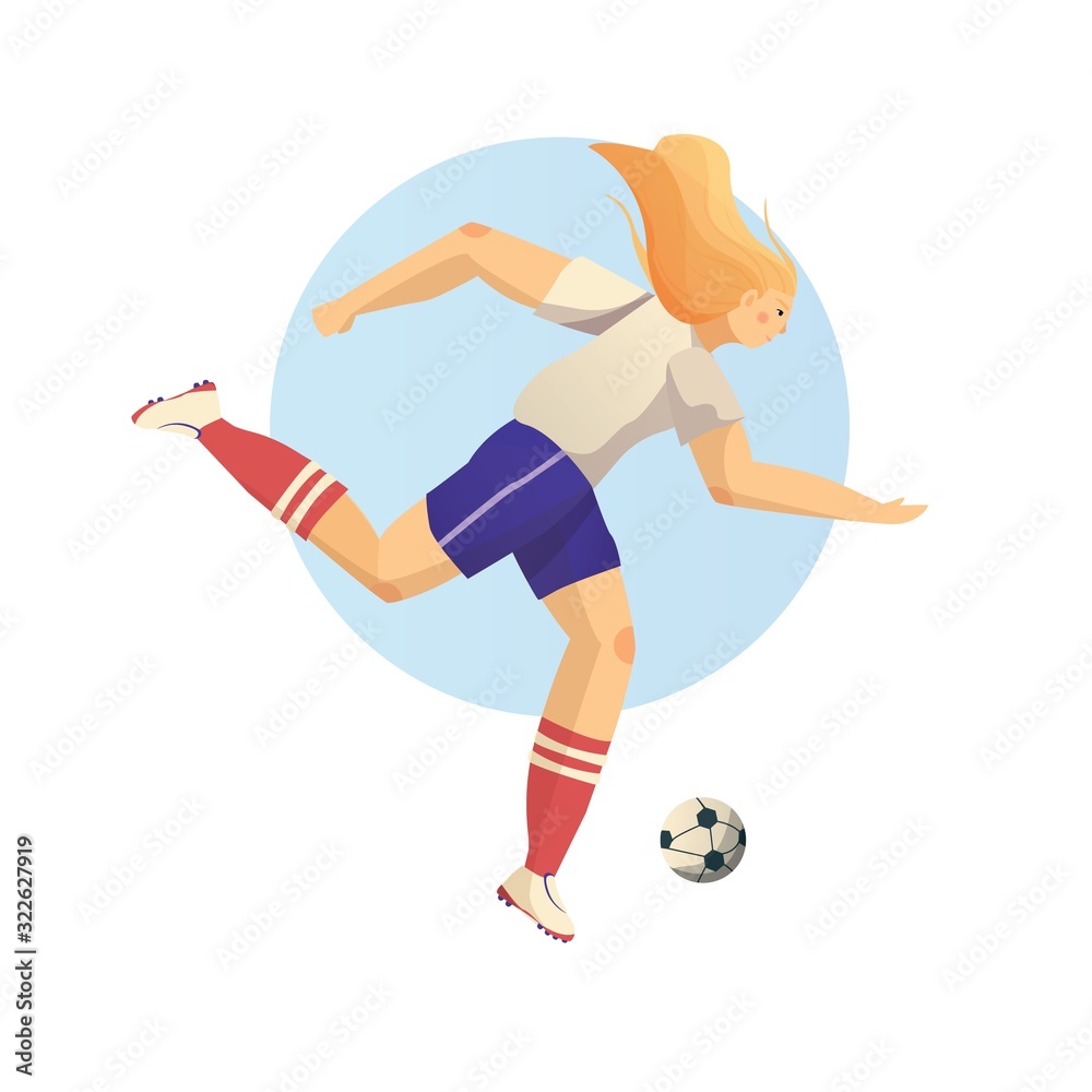 Female soccer player in sports uniform kicks the ball. Vector flat illustration on a white background.